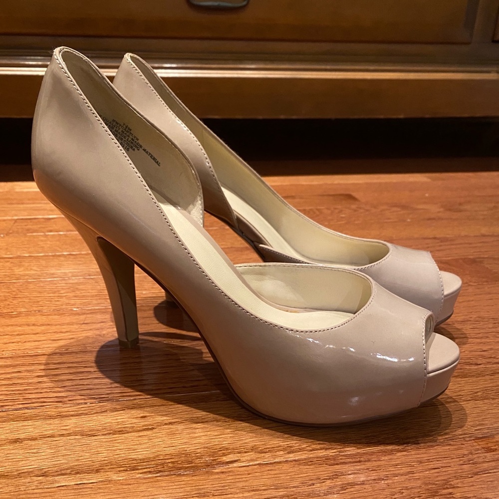 Patent Nude Natural Peep Toe Platform Pumps